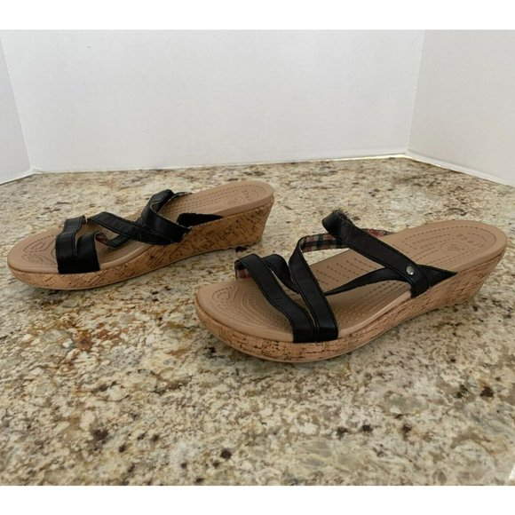 Crocs A-Leigh Wedge Sandals Black Leather, Women's 10 - Picture 1 of 7